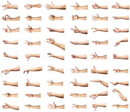Múltiples gestos de mano caucásico hombre aislados sobre fondo blanco, conjunto de imágenes múltiples photo