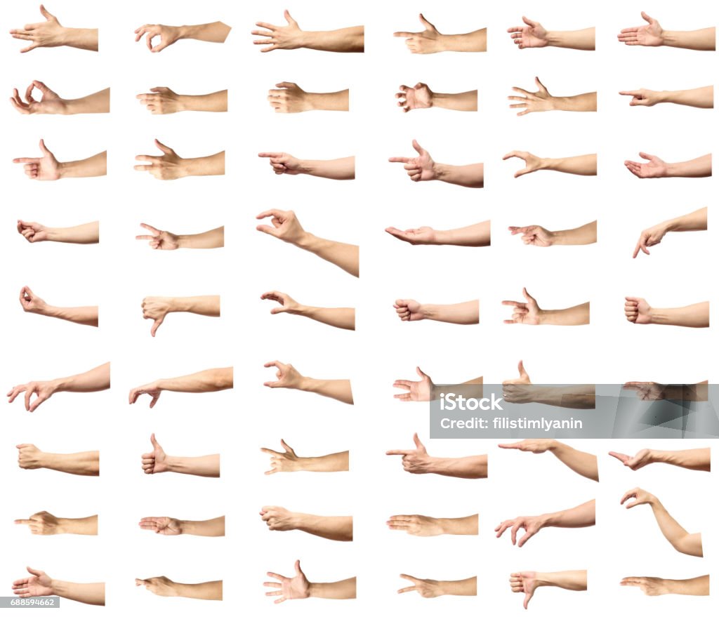Múltiples gestos de mano caucásico hombre aislados sobre fondo blanco, conjunto de imágenes múltiples - Foto de stock de Recortable libre de derechos