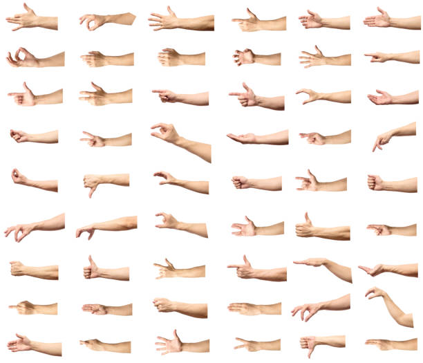 múltiples gestos de mano caucásico hombre aislados sobre fondo blanco, conjunto de imágenes múltiples - brazo humano fotografías e imágenes de stock