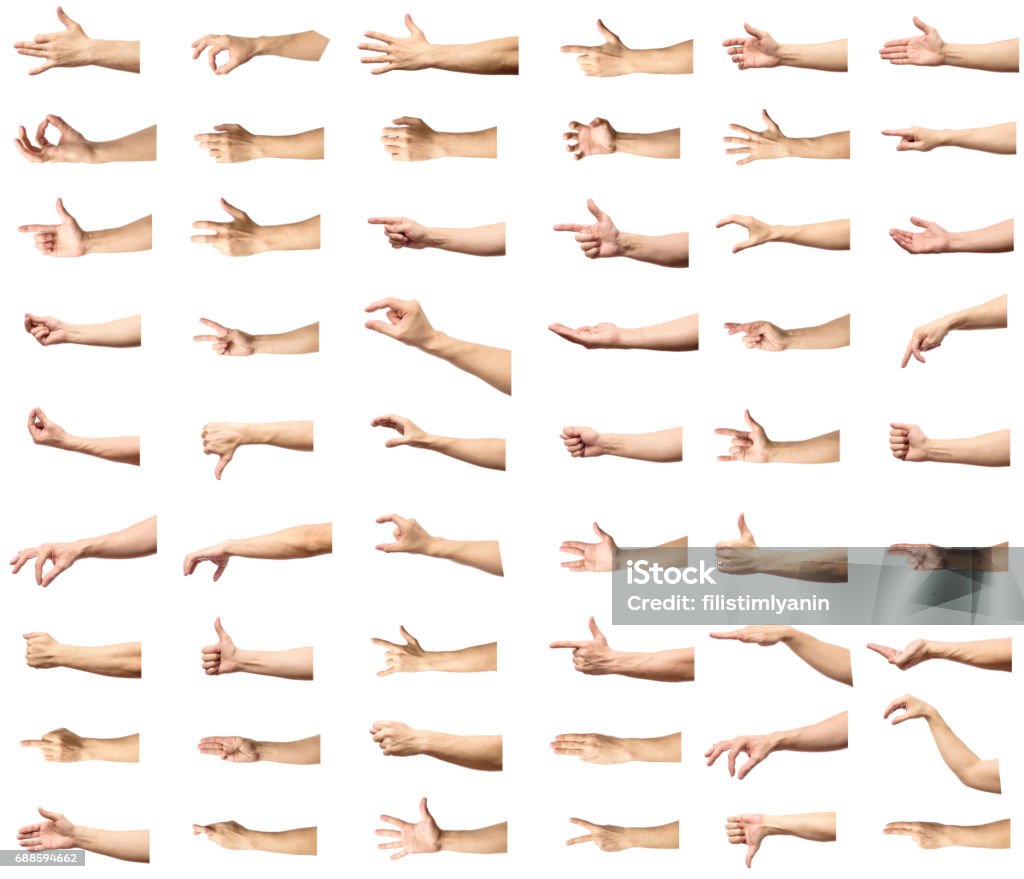 Multiple male caucasian hand gestures isolated over the white background, set of multiple images Cut Out Stock Photo