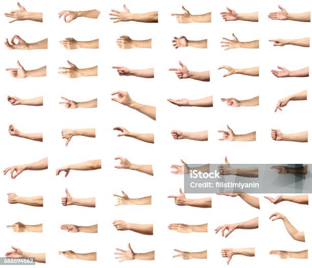 Multiple Male Caucasian Hand Gestures Isolated Over The White Background Set Of Multiple Images Stock Photo - Download Image Now