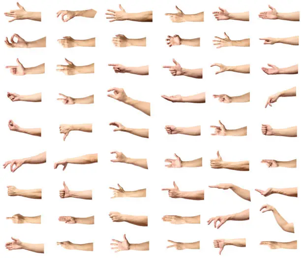 Photo of Multiple male caucasian hand gestures isolated over the white background, set of multiple images