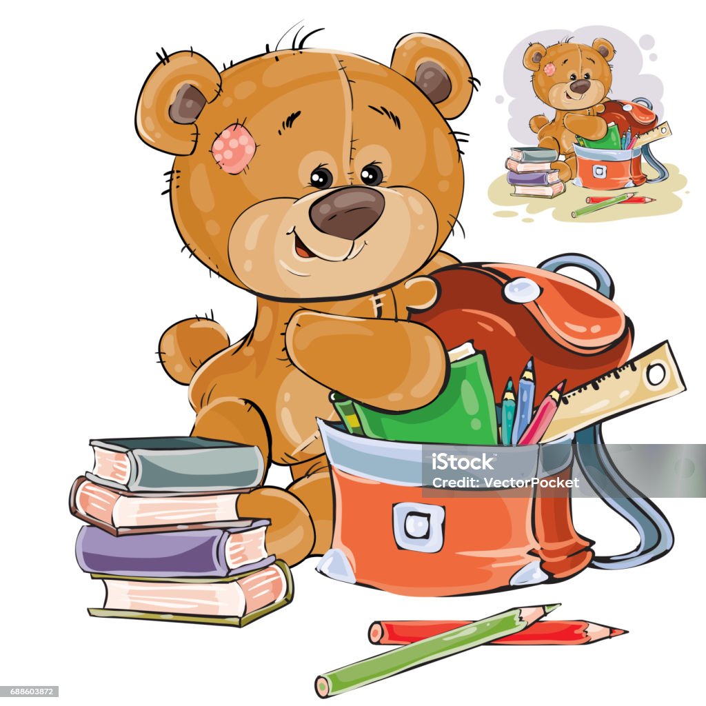 Vector illustration of a brown teddy bear holds books and pencils in a school satchel. Vector illustration of a brown teddy bear holds books and pencils in a school satchel. Print, template, design element Animal stock vector