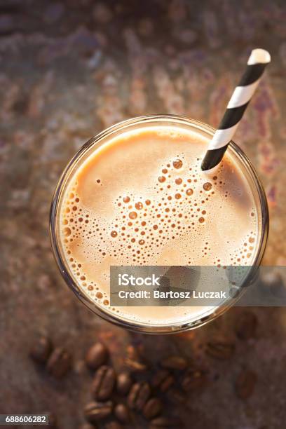 Iced Coffee With Black And White Striped Straw Stock Photo - Download Image Now - Milkshake, Close-up, Chocolate