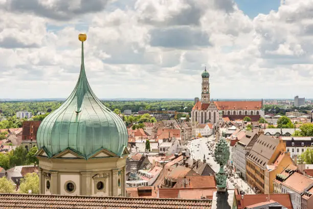 Aerial view over Augsburg with the tower of the old town hall.