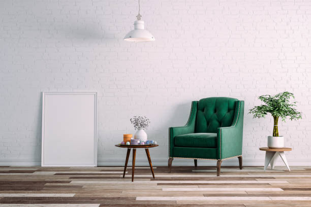 istock 3d clean interior room with green chair and white wall 688607282