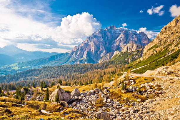 istock Passo Valparola high alpine pass, Cunturines-Spitze peak, Dolomites, Italy 688608286