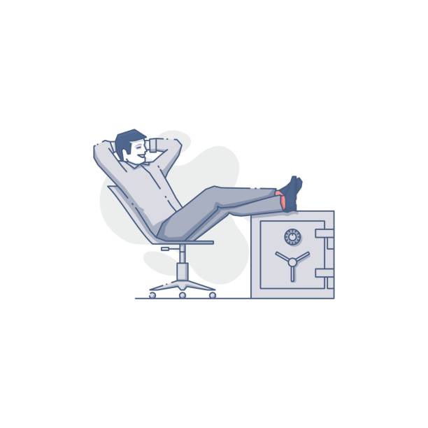 Happy young man sits with feet up on a safe Young man sitting back in a chair with feet up on a safe. Business and financial success linear vector metaphor for infographics, web, app and print design in blue tone isolated on white background feet up stock illustrations