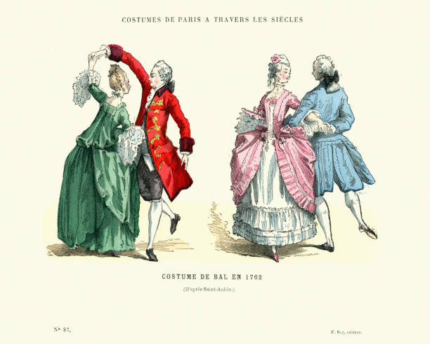 история моды, французские бальные костюмы, 1762 - стиль 18 века stock illustrations