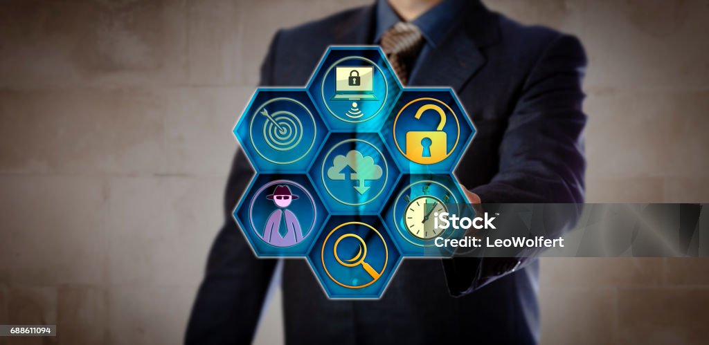 Manager Initiating Rapid Incident Response Blue chip manager pushing open virtual lock to initiate a rapid grab-and-go response. Concept for incident response, data breach, intrusion detection, forensic analysis, system backup and recovery. Misfortune Stock Photo