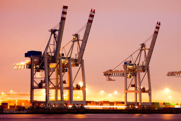 harbor cargo container terminal at night in hamburg, germany - hamburg germany harbor cargo container commercial dock imagens e fotografias de stock