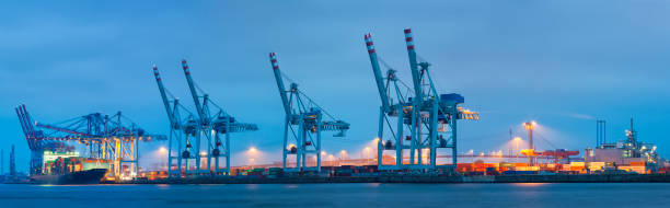 panorama de la terminal de carga al atardecer, puerto de hamburgo, alemania - hamburg germany elbe river illuminated freight transportation fotografías e imágenes de stock