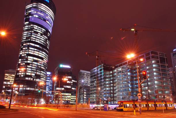 istock The light trails on the modern building background 688730234