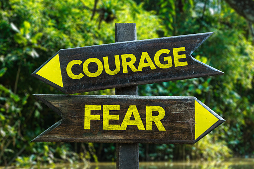 Courage - Fear signpost with forest background