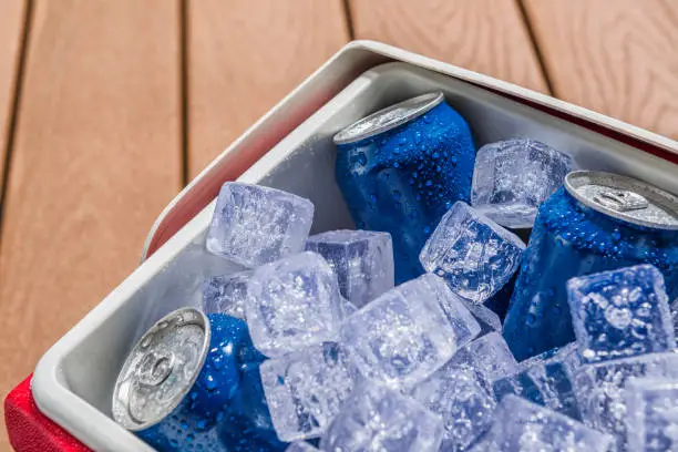 Photo of Close-up of a cooler full of ice cold drinks cans