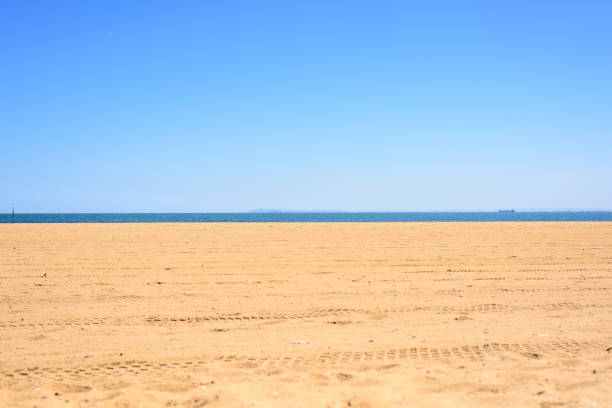 Background of half sandy beach, half blue sky and sea.