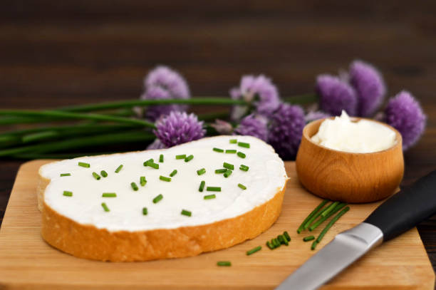Cottage cheese and chives on slice of bread