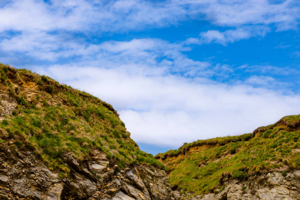Absract sections of the cliff tops along St Austell bay taking in the glorious blue sky and serene clouds
