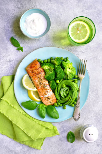 istock Grilled salmon garnished with green vegetables 688754210