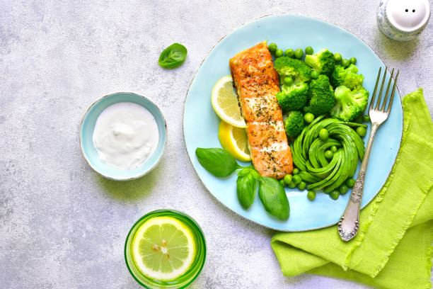 istock Grilled salmon garnished with green vegetables 688754230