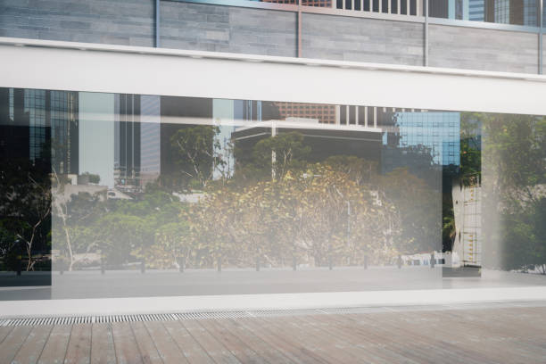 empty glass storefront closeup - window display commercial sign blank nobody imagens e fotografias de stock