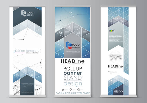 illustrazioni stock, clip art, cartoni animati e icone di tendenza di roll up banner stand, modelli di design piatto, stile geometrico, volantini vettoriali verticali, layout di bandiera. sfondo geometrico di colore blu, struttura molecolare, concetto scientifico. linee e punti connessi - 16615