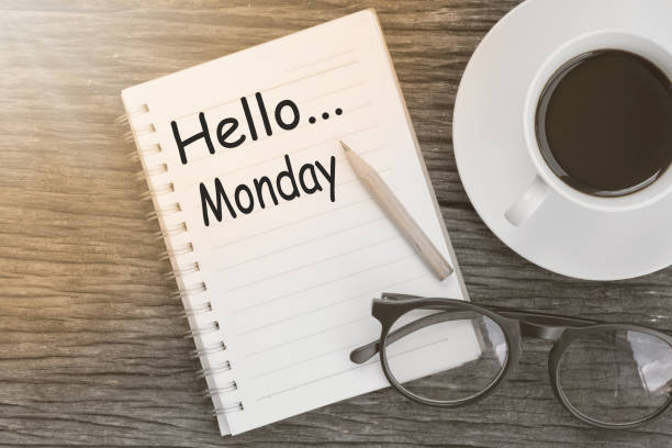 istock Concept hello monday message on notebook with glasses, pencil and coffee cup on wooden table. 688761716