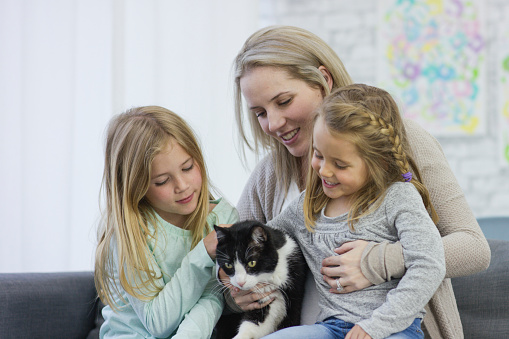 Young blonde caucasian mother sitting on a couch in the living room with her two daughters, one preschool age and one elementary age, holding their new black and white cat that they adopted.