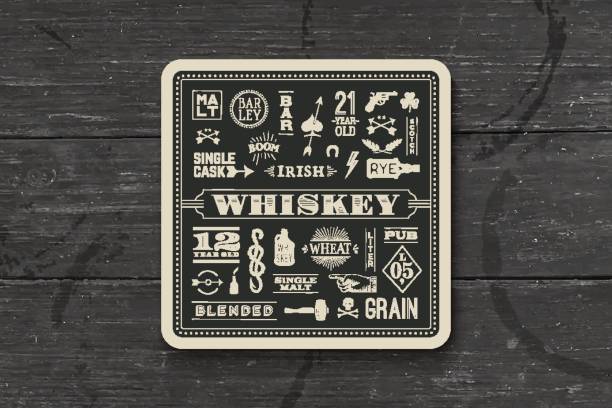 Coaster for whiskey and alcohol beverage Coaster for whiskey and alcoholic beverages. Vintage drawing for bar, pub and whiskey themes. Black and white square for placing whiskey glass over it with lettering, drawings. Vector Illustration irish punt note stock illustrations