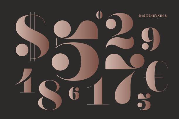 Font of numbers in classical french didot style Font of numbers in classical french didot style with contemporary geometric design. Beautiful elegant stencil numeral, dollar and euro symbols. Vintage and retro typographic. Vector Illustration art deco stencils stock illustrations