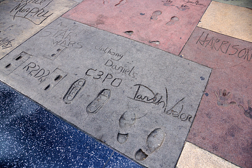 LOS ANGELES - JANUARY 23:  Hand prints and foot prints on ground in cement of R2D2, C3P0, and Darth Vader of Star Wars in Hollywood Boulevard dated Aug 3 1977 on January 23, 2014, Los Angeles.  There are nearly 200 celebrity handprints in the concrete of Chinese Theatre's forecourt.