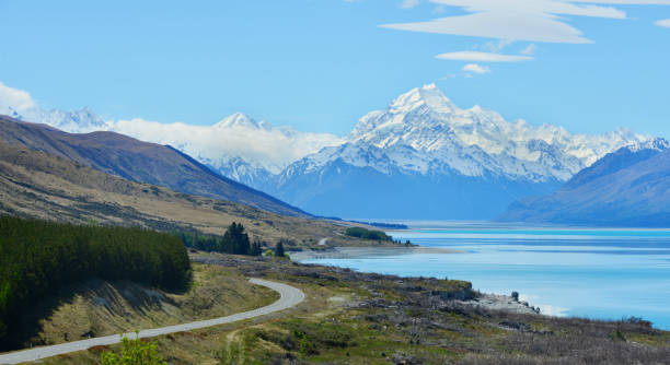 Road to mount Cook, Southern Alps, New Zealand stock photo