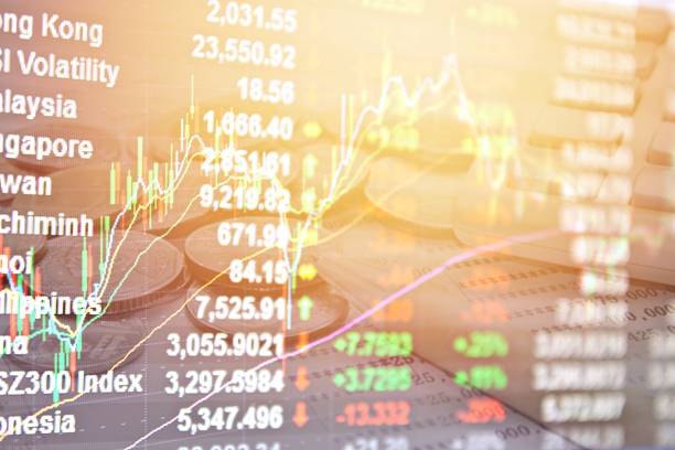 istock Double exposure of market index, graph chart and coins, passbook 688828244