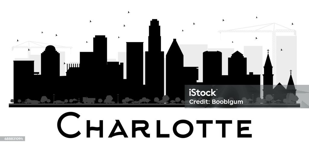 Charlotte City skyline black and white silhouette. Charlotte City skyline black and white silhouette. Simple flat concept for tourism presentation, banner, placard or web site. Cityscape with landmarks. Charlotte - North Carolina stock vector