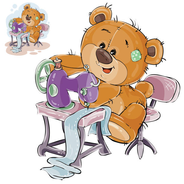 Vector illustration of a brown teddy bear tailor sews something on a sewing machine, needlework Vector illustration of a brown teddy bear tailor sews something on a sewing machine, needlework. Print, template, design element hair threading stock illustrations