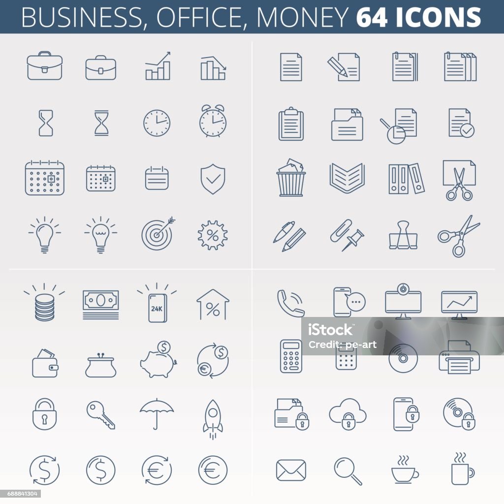 Geschäft, Büro, Geld und Daten Schutz-lineare Icon-Set. - Lizenzfrei Icon Vektorgrafik