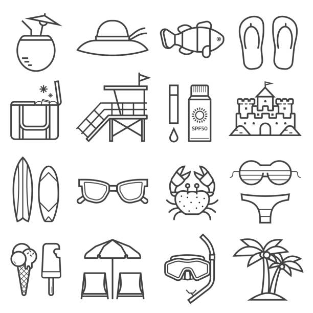 illustrazioni stock, clip art, cartoni animati e icone di tendenza di icone della spiaggia estiva - sun flare