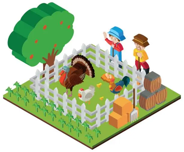 Vector illustration of Two farmers and chickens in the farm