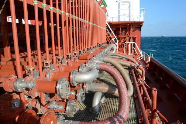 Manifold on deck of chemical tanker stock photo