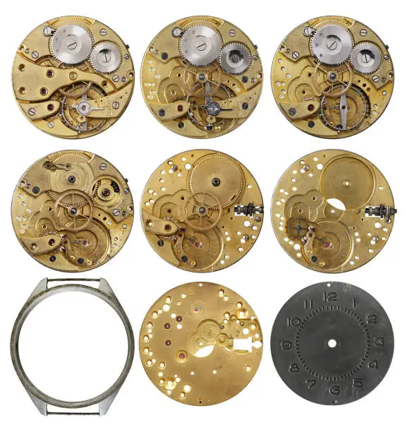 Clockwork mechanism - the various phases dismantling on white background
