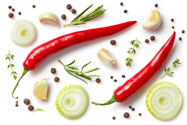fresh vegetables and spices isolated on white background