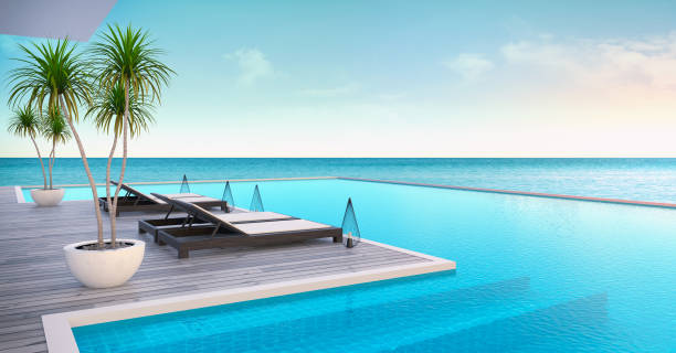 istock Beach lounge ,sun loungers on Sunbathing deck and private swimming pool with  panoramic sea view at luxury villa/3d rendering 688859004