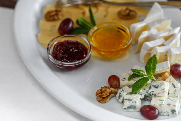 istock Tasty appetizer. Plate of Cheese on white plate at a restaurant 688870000