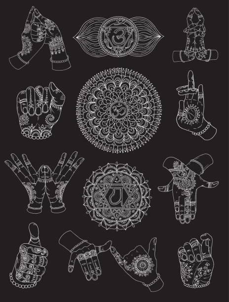 hand gezeichnet mit chakren und mudras auf schwarz gesetzt - mudras stock-grafiken, -clipart, -cartoons und -symbole