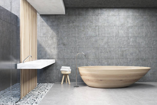 istock Gray bathroom, wooden tub, front 688882972