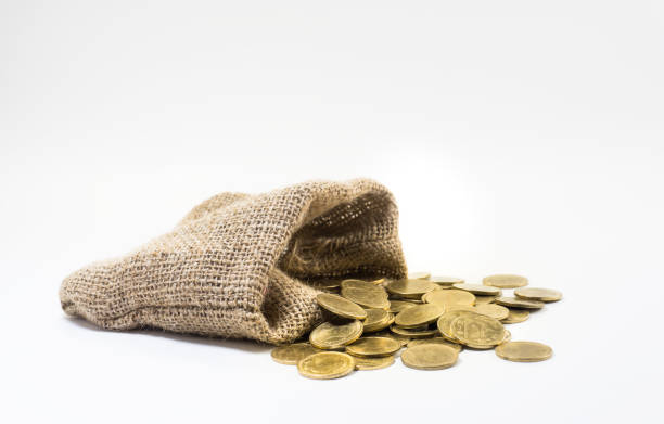 istock Gold coins with sack bag on with white background 688885832