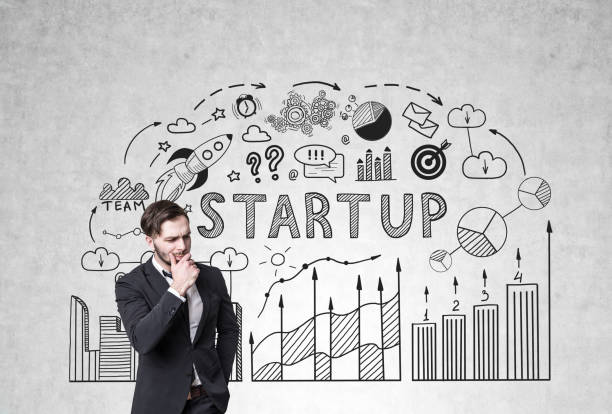 istock Pensive man and start up diagram 688888532