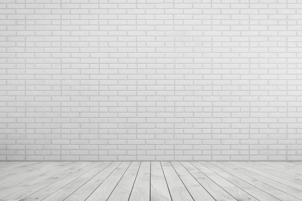 istock Empty room white brick wall, white wood floor 688888654