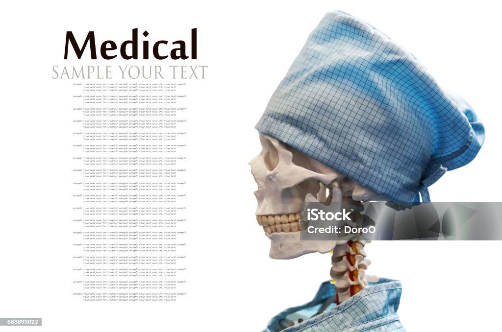 Dummy skeleton in medical gown and cap Dummy skeleton in medical gown and cap isolated on white background. Text delete Biochemistry Stock Photo