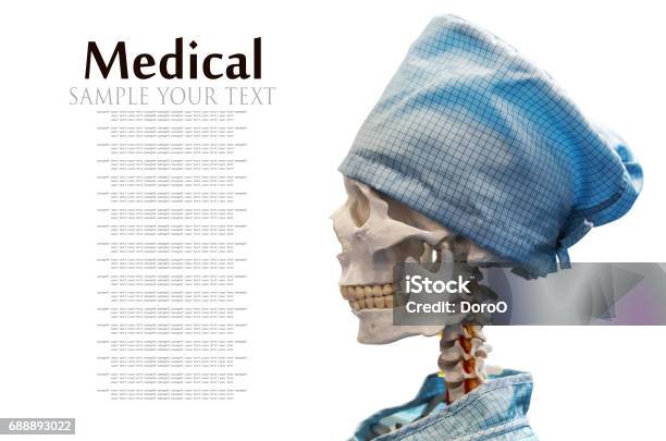 Dummy Skeleton In Medical Gown And Cap Stock Photo - Download Image Now - Biochemistry, Biology, Biotechnology